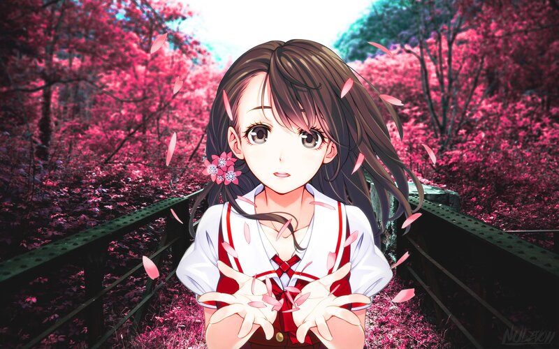 Anime Girl on Bridge — Pink, Serene, Spring, Digital Art, Cherry Blossoms