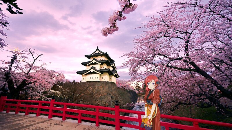 Anime Girl on Bridge — Pink, Serene, Spring