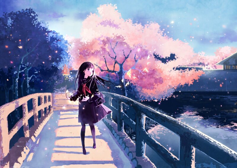 Anime Girl on Bridge — Pink, Serene