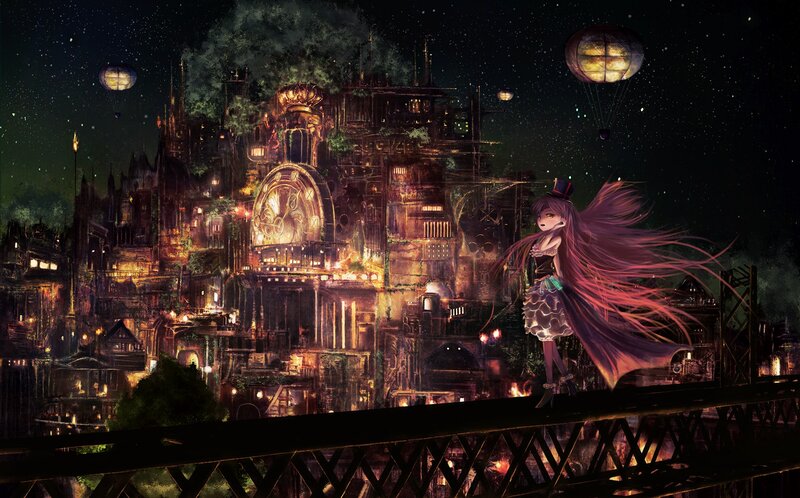 Anime Girl on Bridge — Purple, Dramatic, Night, Digital Art, City