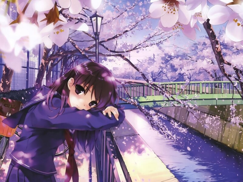 Anime Girl on Bridge — Purple, Serene, Spring