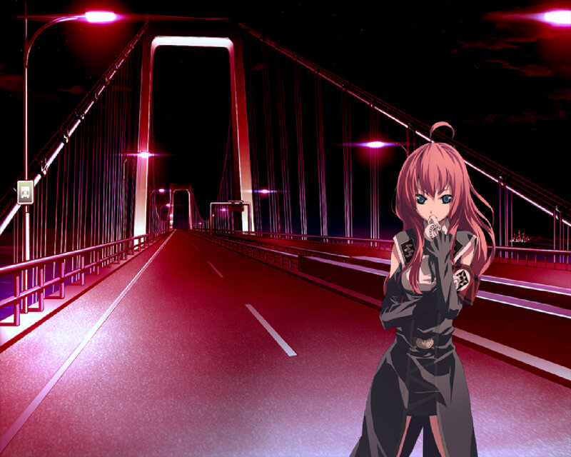 Anime Girl on Bridge — Red, Dramatic, Night
