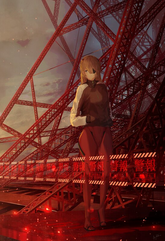Anime Girl on Bridge — Red, Dramatic, Sunset