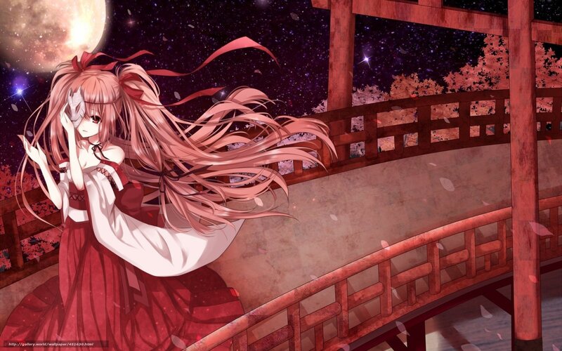 Anime Girl on Bridge — Red, Serene, Night, Digital Art, Moon