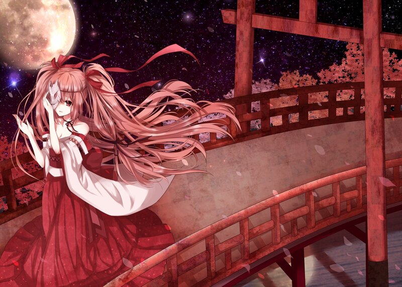Anime Girl on Bridge — Red, Serene, Night