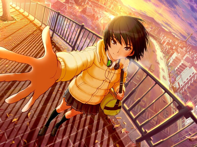 Anime Girl on Bridge — Yellow, Dramatic, Sunset