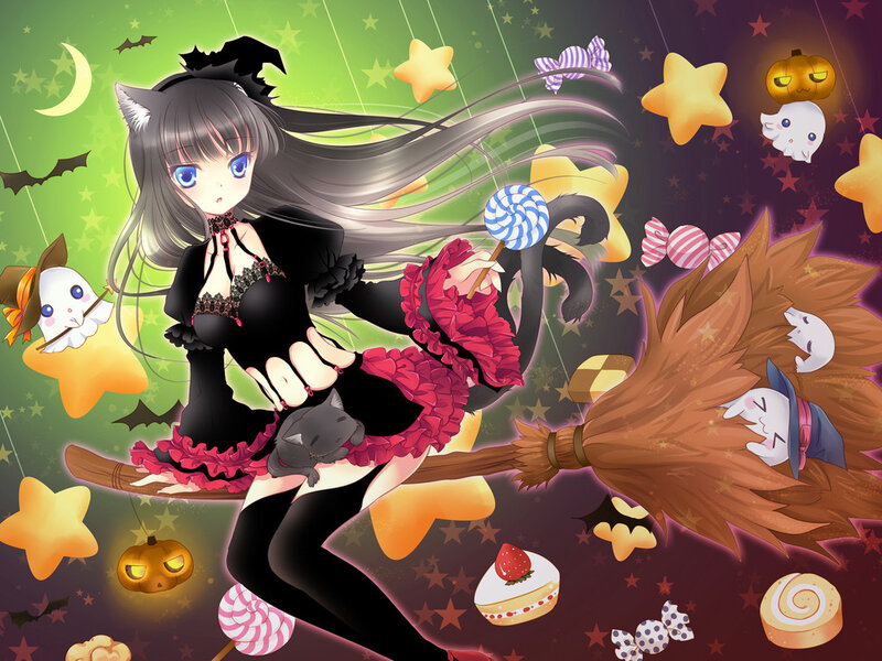 Anime Girl on Broomstick — Black