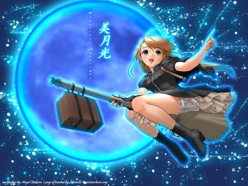 Anime Girl on Broomstick — Blue
