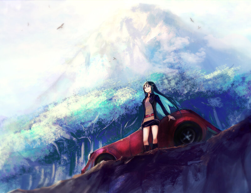 Anime Girl on Car — Blue, Serene