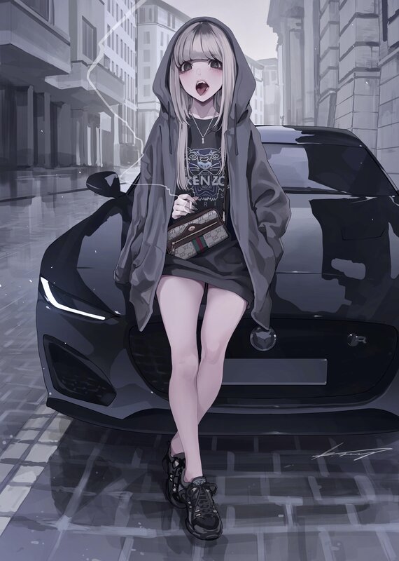 Anime Girl on Car — Gray, Dramatic