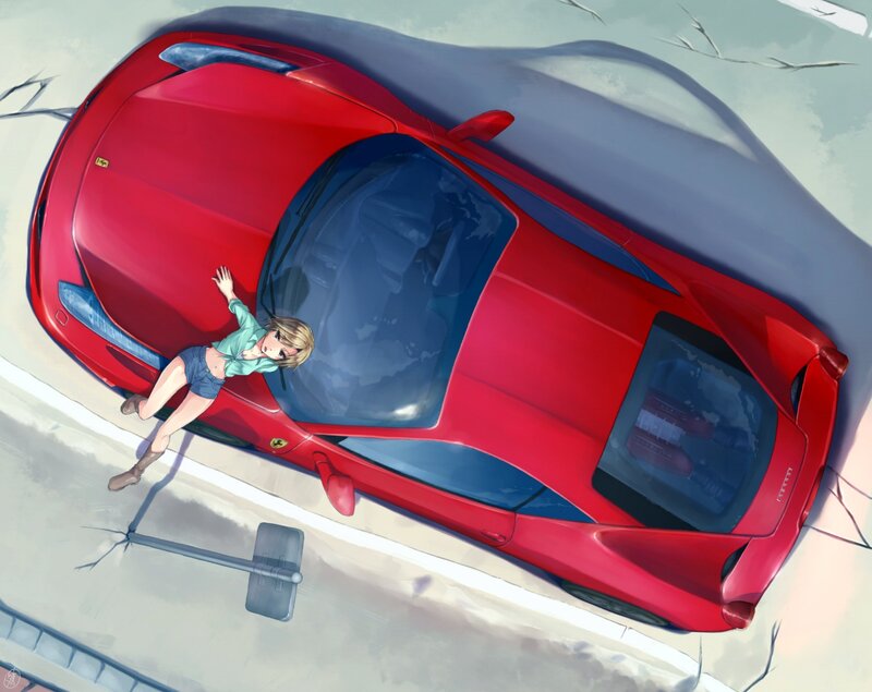 Anime Girl on Car — Red, Dramatic, Digital Art