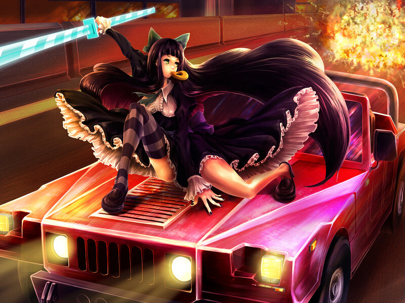 Anime Girl on Car — Red, Dramatic