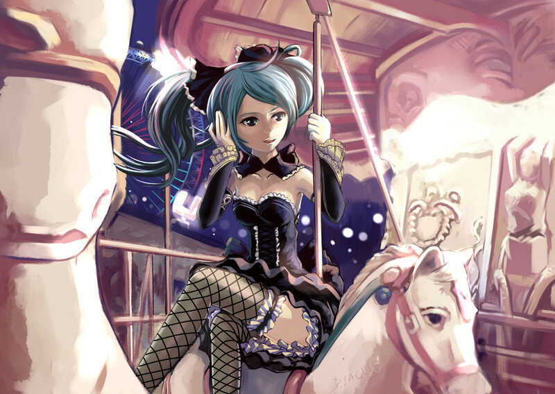 Anime Girl on Carousel — Blue, Dreamy, Night