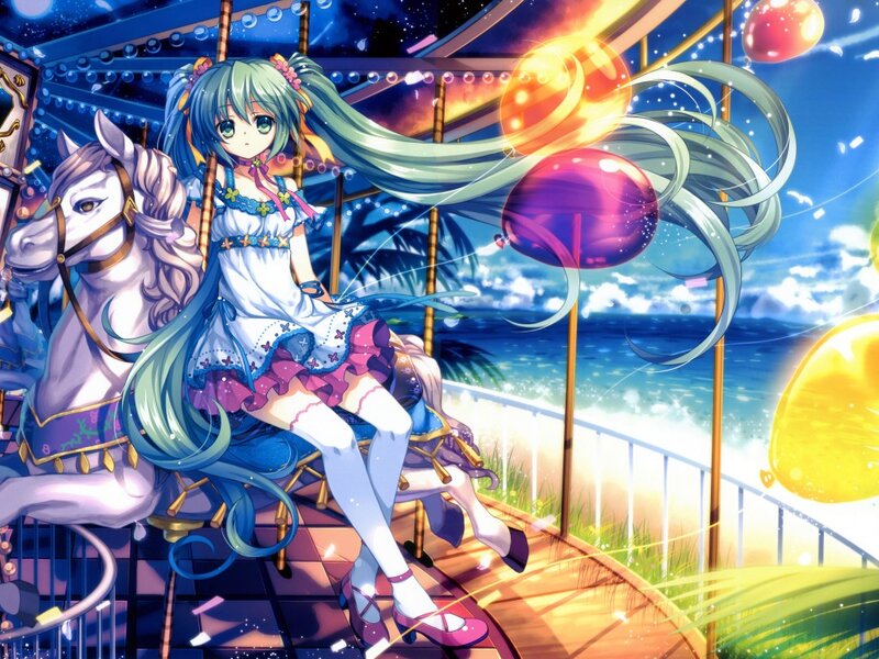 Anime Girl on Carousel — Blue, Dreamy, Sunset