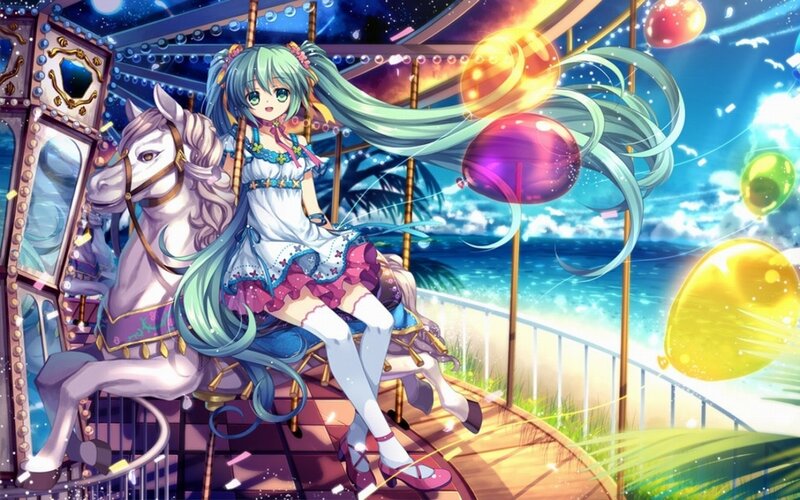 Anime Girl on Carousel — Blue, Festive, Night