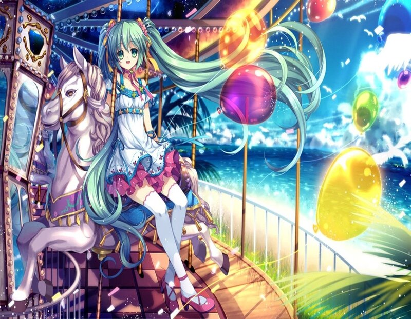 Anime Girl on Carousel — Blue, Festive