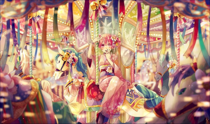 Anime Girl on Carousel — Pink, Festive, Night