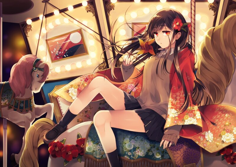 Anime Girl on Carousel — Red, Calm