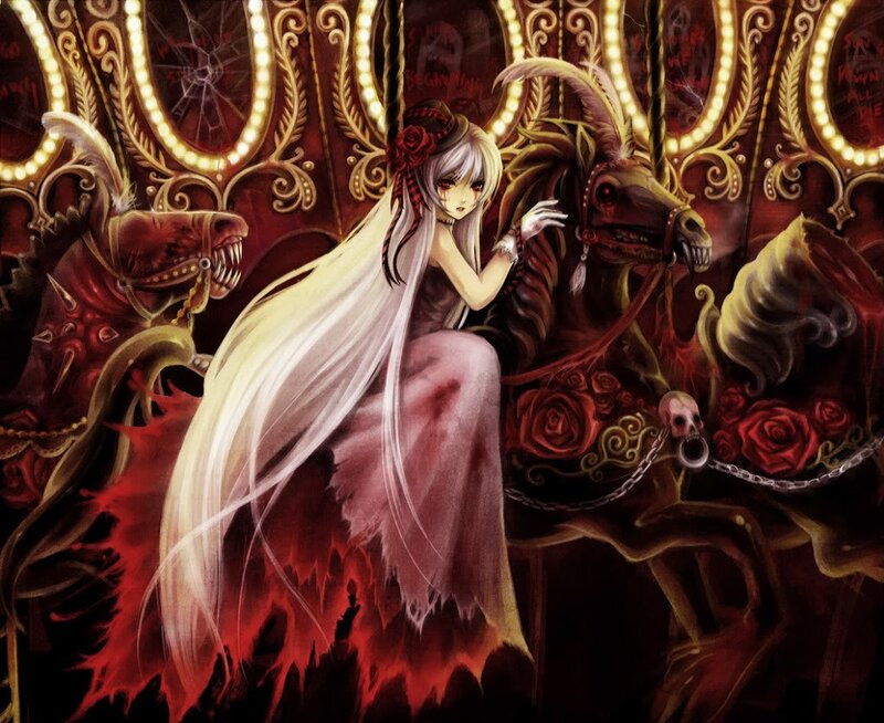 Anime Girl on Carousel — Red, Dark