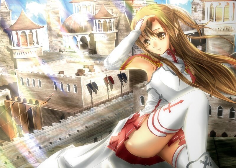 Anime girl on castle rooftop