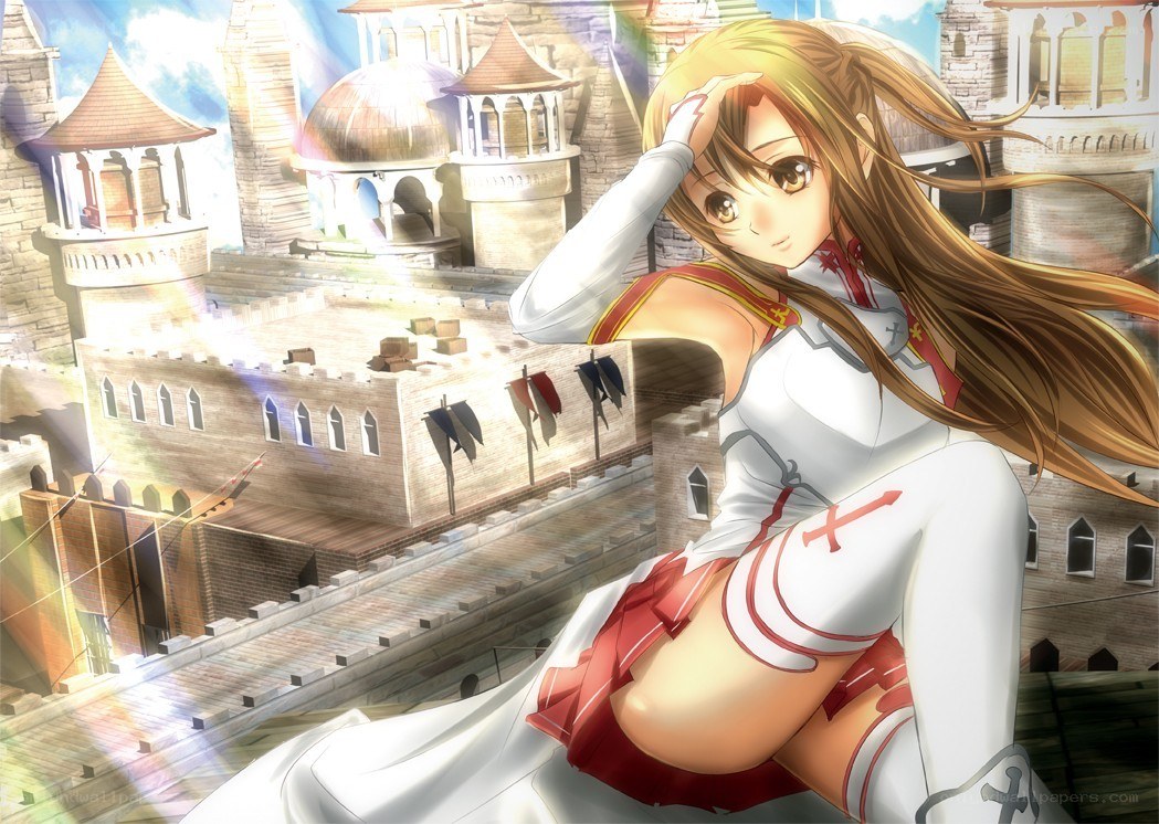 Anime girl on castle rooftop