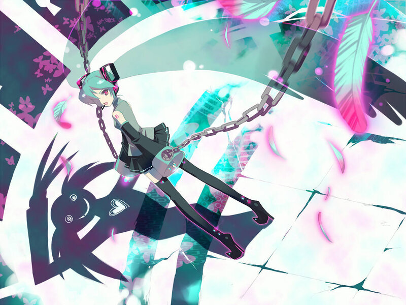 Anime girl on chains in a dreamlike scene