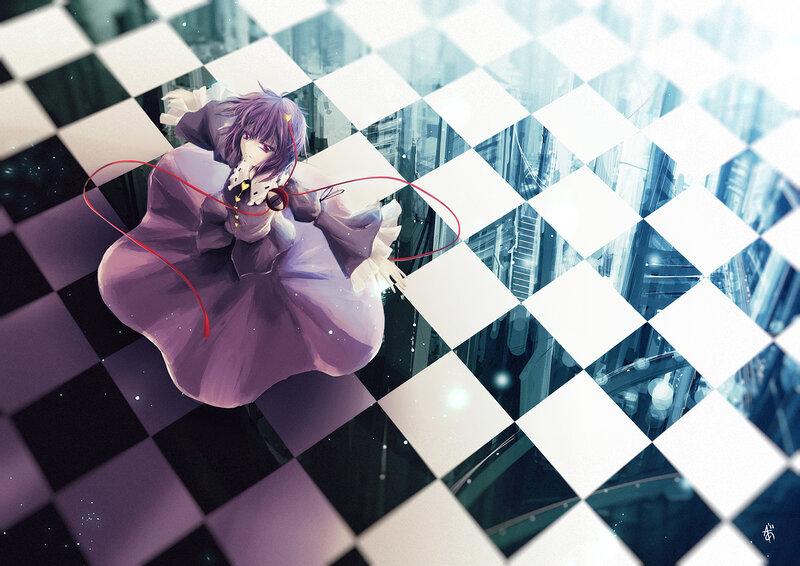 Anime Girl on Checkered Floor — Purple