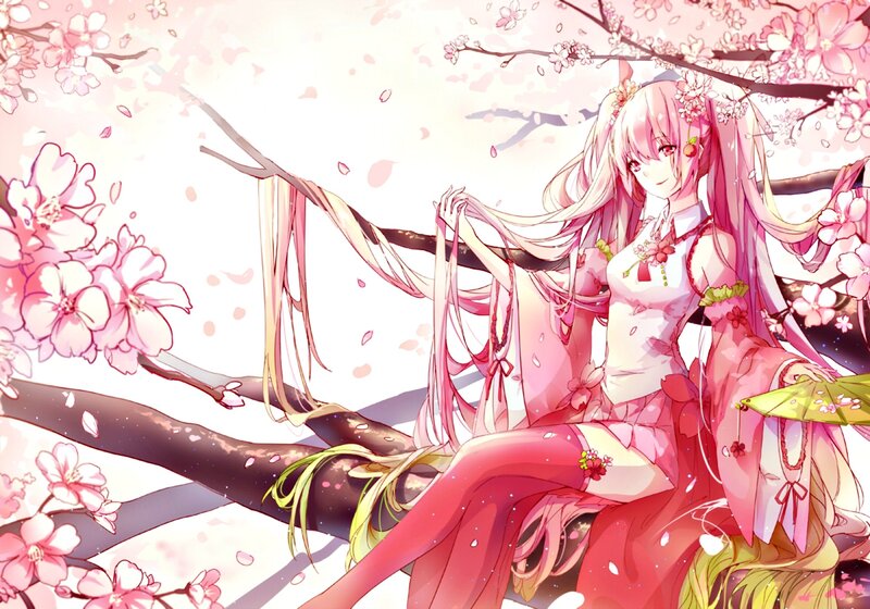 Anime Girl on Cherry Branch
