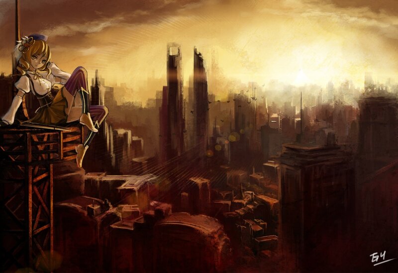 Anime girl on city rooftop