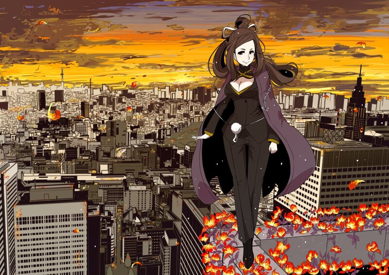 Anime girl on city rooftop