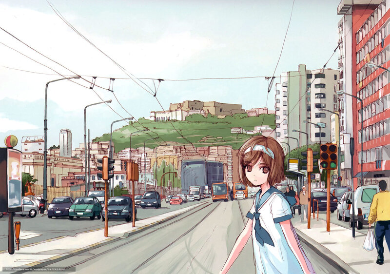 Anime girl on city street