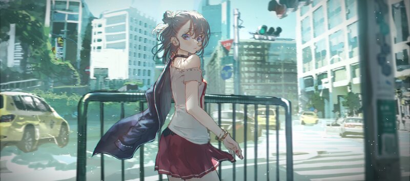 Anime Girl on City Street — Blue, Calm