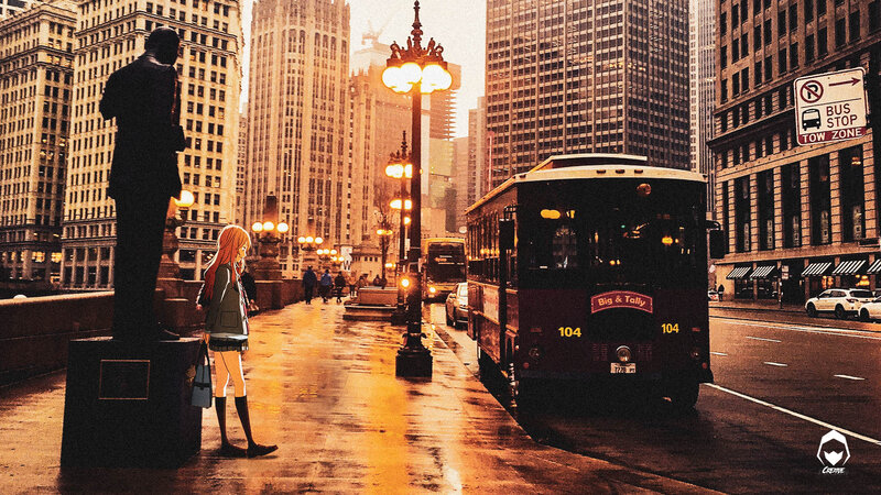 Anime Girl on City Street — Orange