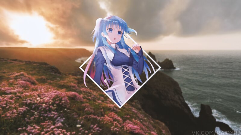 Anime Girl on Cliff — Blue, Dramatic, Sunset