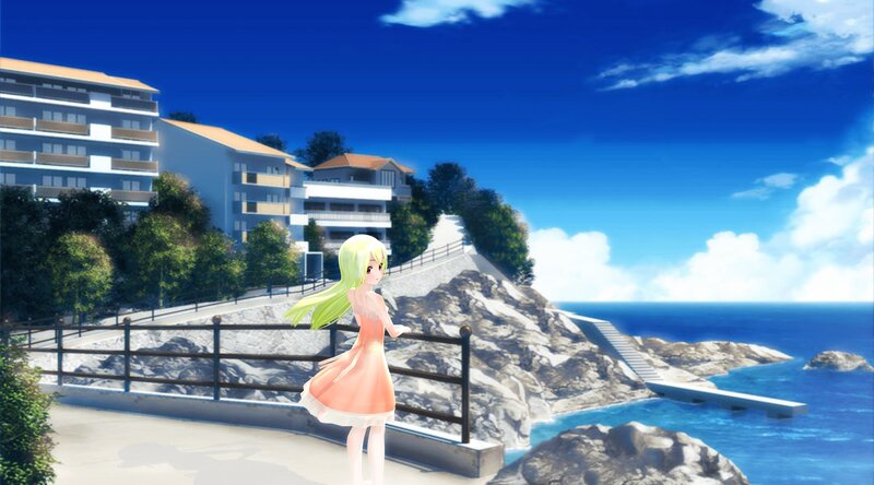 Anime Girl on Cliff — Blue, Serene, Afternoon, 3d Render