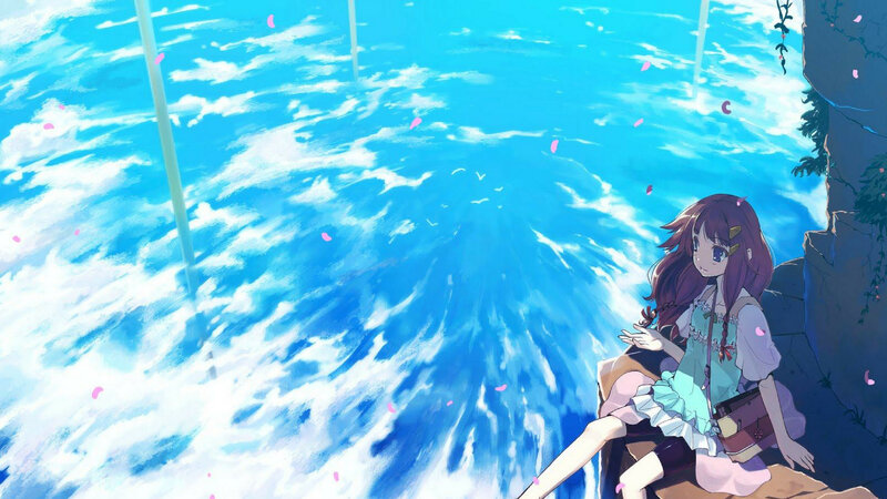 Anime Girl on Cliff — Blue, Serene, Afternoon, Ocean, Petals