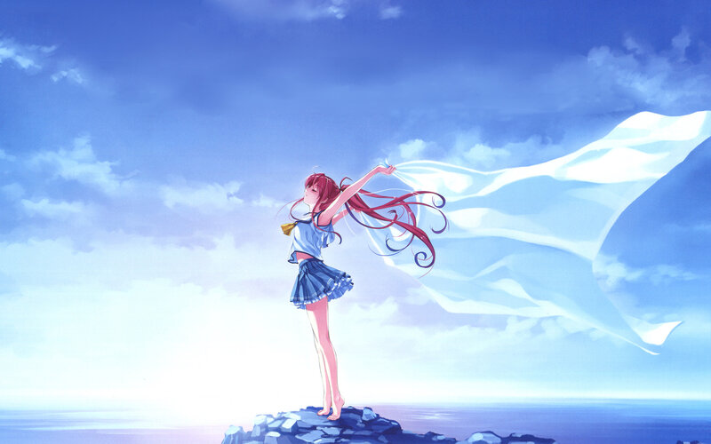 Anime Girl on Cliff — Blue, Serene, Afternoon, Skirt