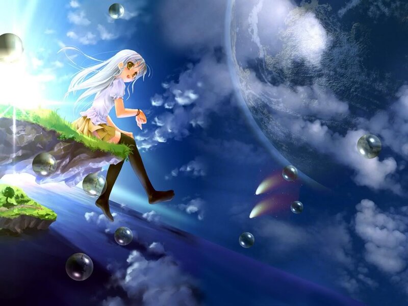 Anime Girl on Cliff — Blue, Serene, Night