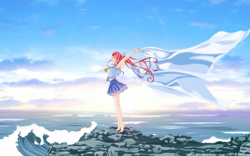 Anime Girl on Cliff — Blue, Serene