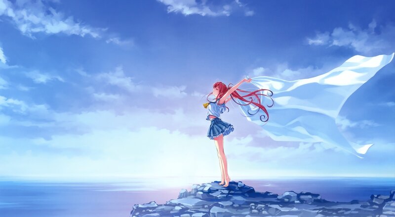 Anime girl on cliff by sea