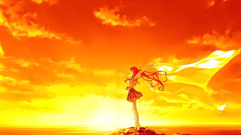 Anime Girl on Cliff — Orange, Dramatic, Sunset, Digital Art