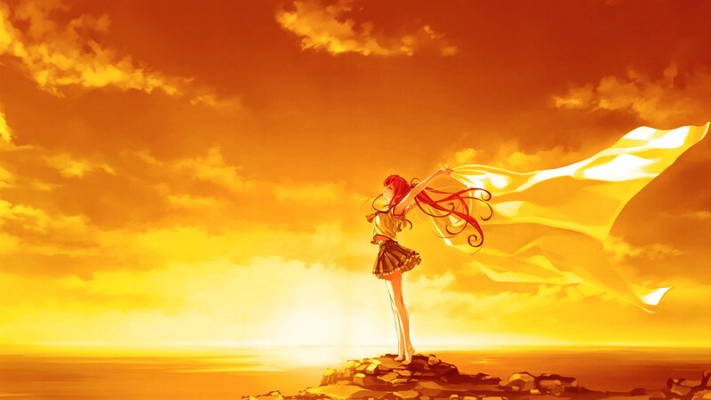 Anime Girl on Cliff — Orange, Dramatic, Sunset