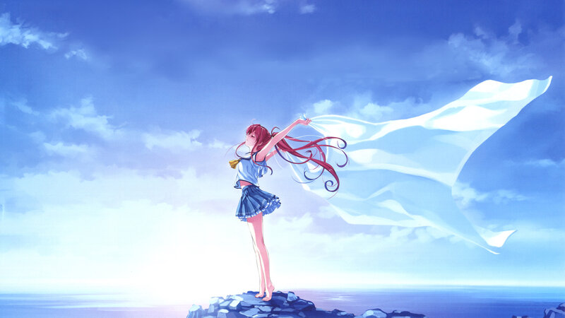 Anime girl on cliff with scarf