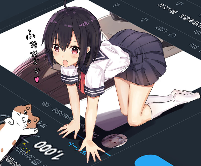 Anime Girl on Computer — Black, Playful