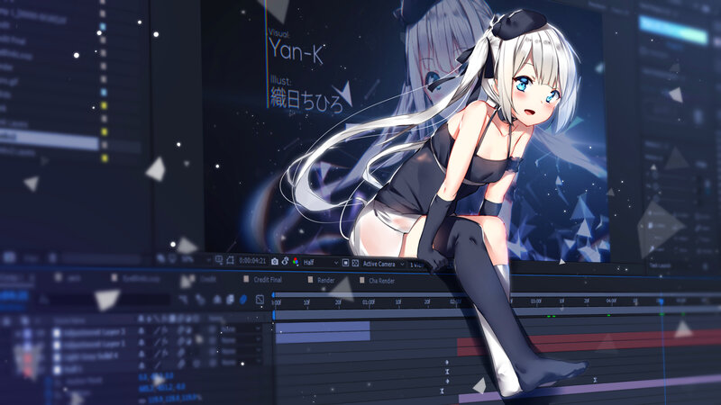Anime Girl on Computer — Blue