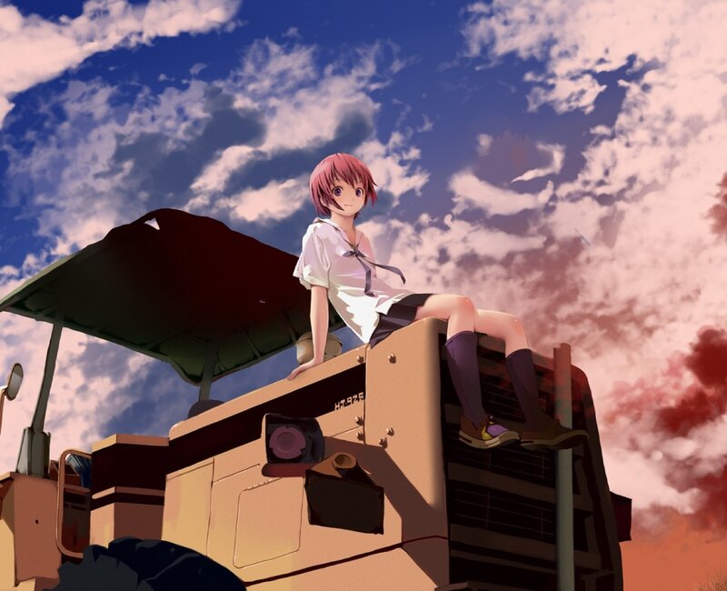 Anime girl on construction vehicle