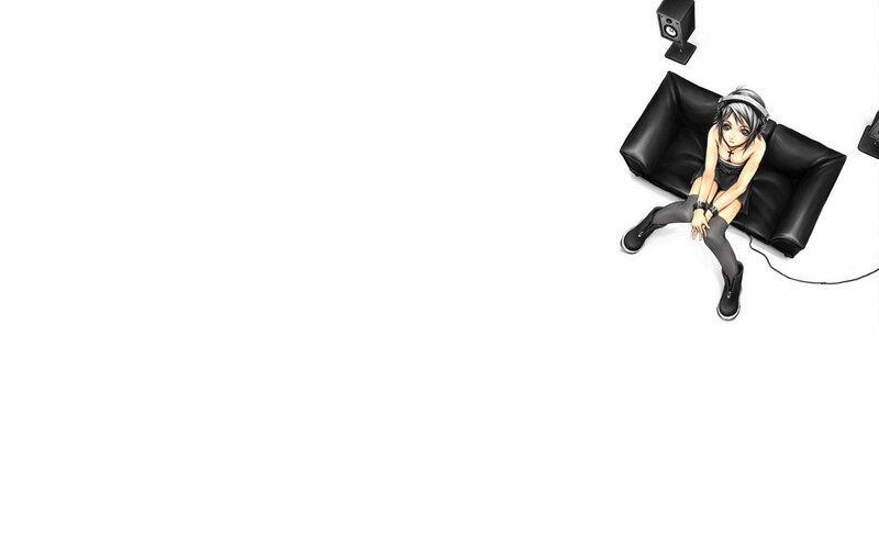 Anime Girl on Couch — Black, Calm, Headphones, Speaker, White