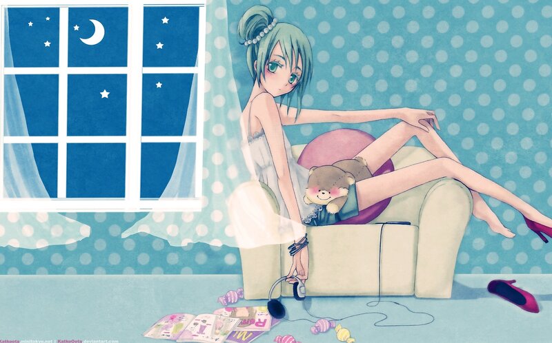 Anime Girl on Couch — Blue, Calm, Night
