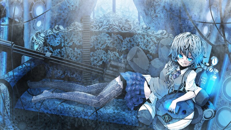 Anime Girl on Couch — Blue, Dramatic, Digital Art, Gun
