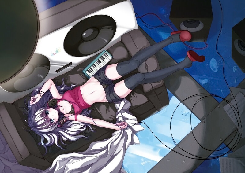 Anime Girl on Couch — Blue, Relaxed, Digital Art, Headphones